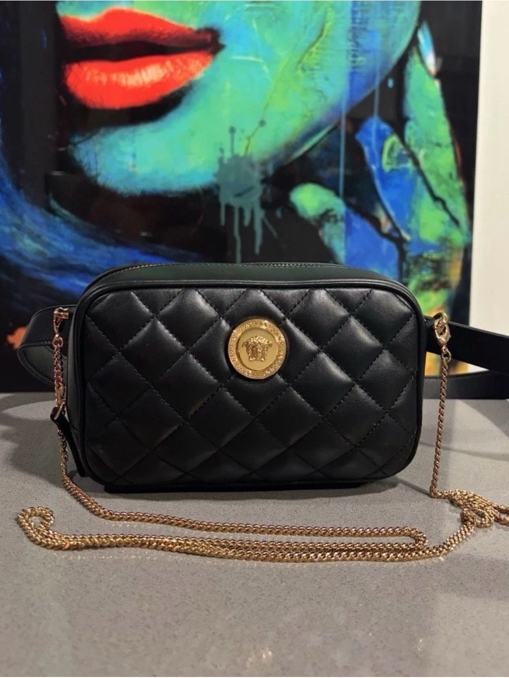 Versace Black Quilted Leather Crossbody with Gold Medallion and Chain